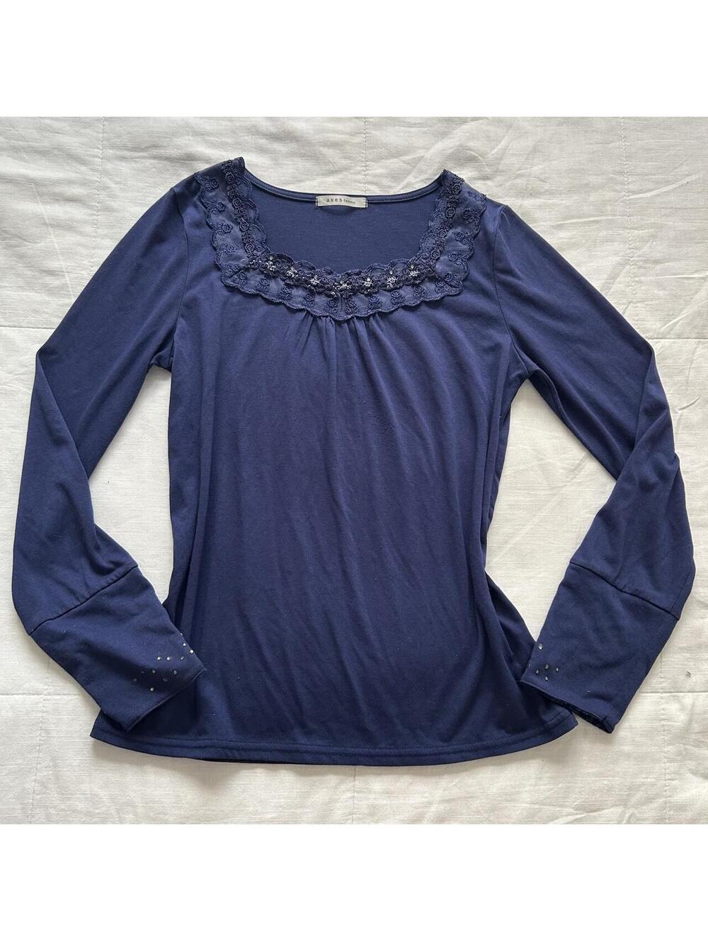 Axes Femme Navy Blue Lace Square Neck Long Sleeve Top Medium Japan